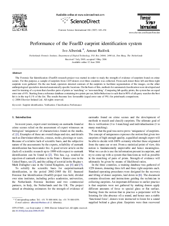 (PDF) Performance of the FearID earprint identification system