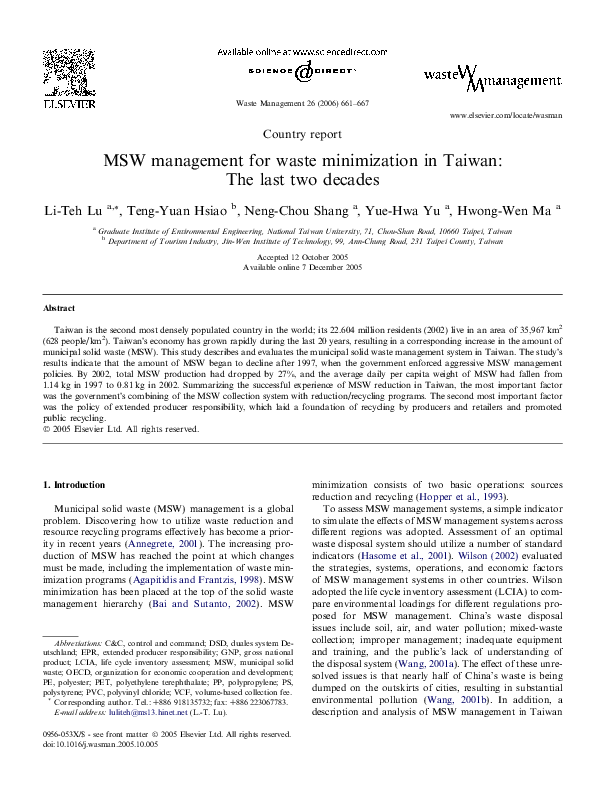 (PDF) MSW management for waste minimization in Taiwan: the last two decades