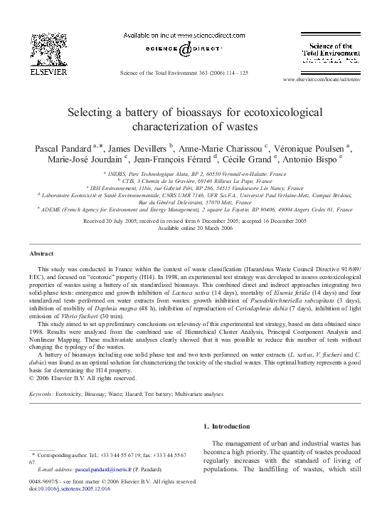 (PDF) Selecting a battery of bioassays for ecotoxicological