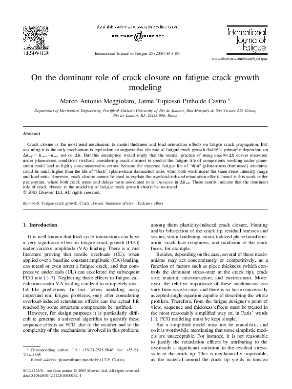 (PDF) On the dominant role of crack closure on fatigue crack growth ...