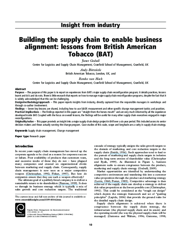 british american tobacco supply chain PDF) Building the supply chain to enable business alignment: lessons from British  American Tobacco (BAT)