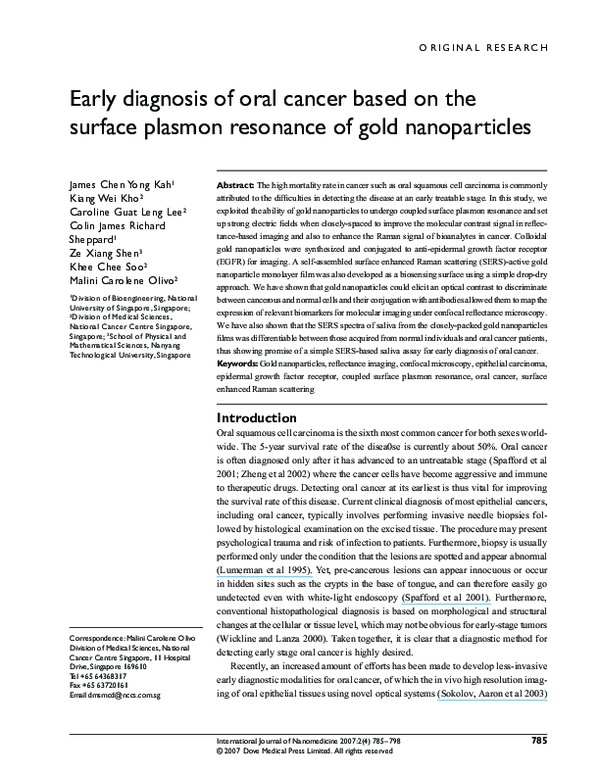 (PDF) Early diagnosis of oral cancer based on the surface plasmon ...