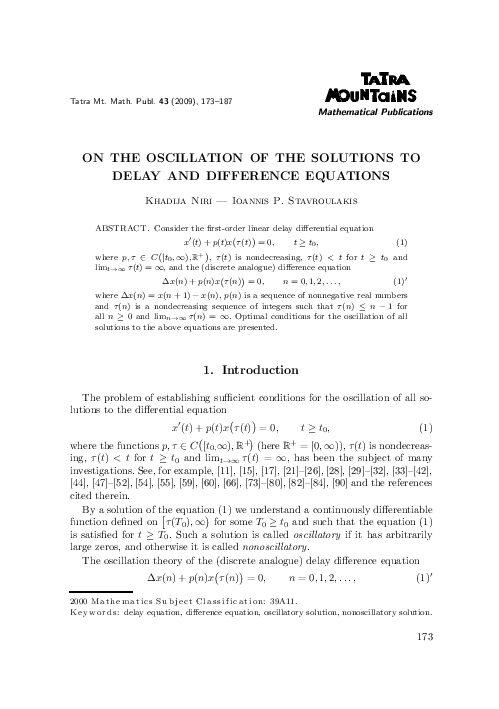 (PDF) On the oscillation of the solutions to delay and difference equations