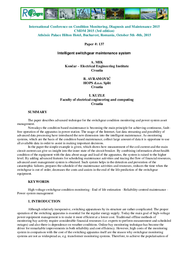 (PDF) Intelligent switchgear maintenance system Ana Mik Academia.edu