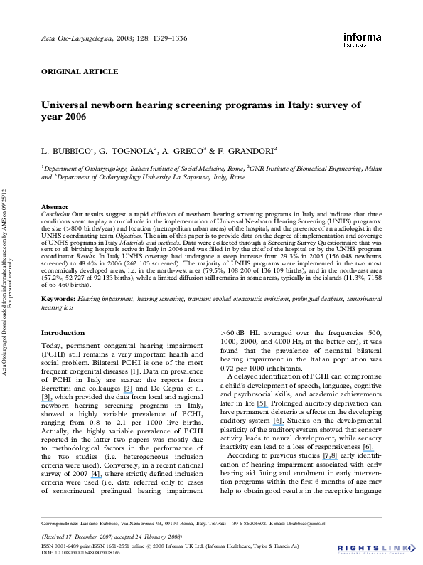 (PDF) Universal newborn hearing screening programs in Italy: survey of ...