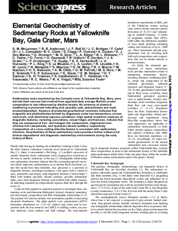 Pdf Elemental Geochemistry Of Sedimentary Rocks At Yellowknife Bay