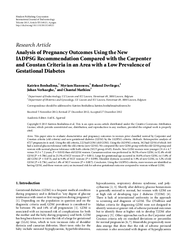 (PDF) Analysis of Pregnancy Using the New IADPSG
