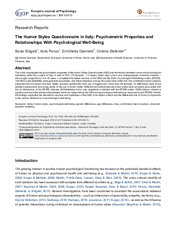 (PDF) The Humor Styles Questionnaire in Italy: Psychometric Properties ...