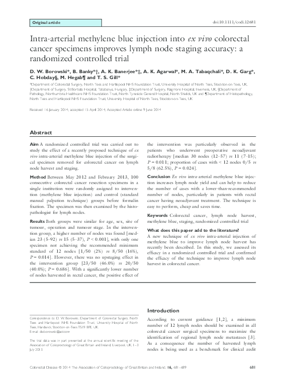 (PDF) Intra-arterial methylene blue injection into ex vivo colorectal ...