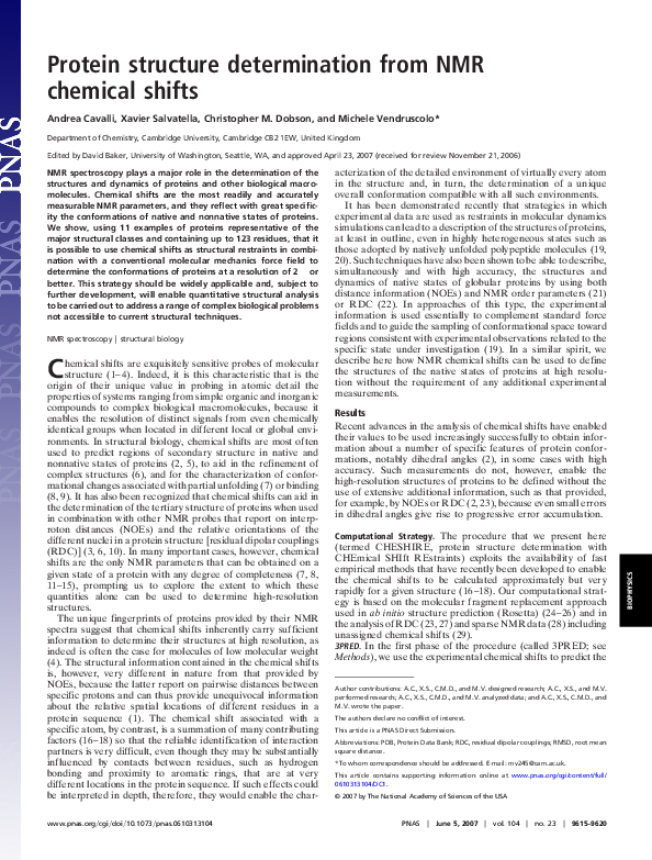 (PDF) Protein structure determination from NMR chemical shifts