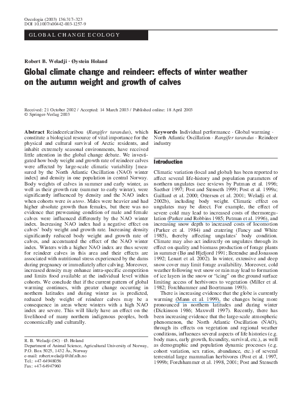 (PDF) Global climate change and reindeer: effects of winter weather on ...