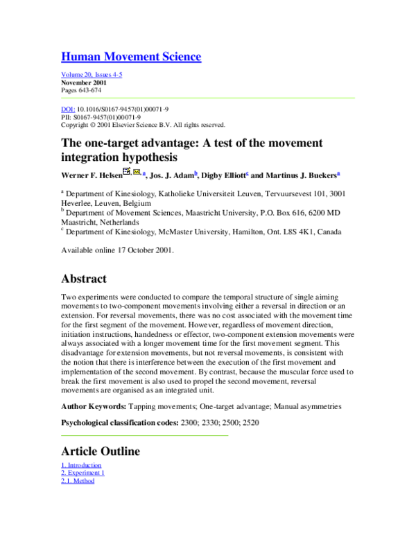 (PDF) The one-target advantage: A test of the movement integration ...