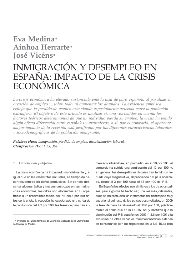 (PDF) Inmigración y desempleo en España: impacto de la crisis económica