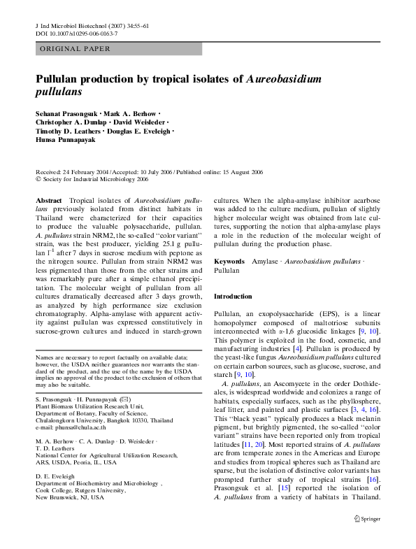 (PDF) Pullulan production by tropical isolates of Aureobasidium pullulans