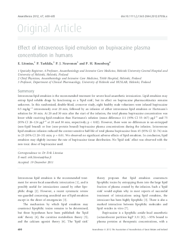 (PDF) Effect of intravenous lipid emulsion on bupivacaine plasma concentration in humans Pekka