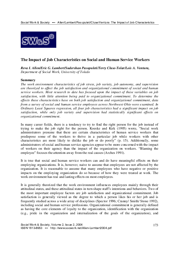 (PDF) The Impact of Job Characteristics on Social and Human Service Workers