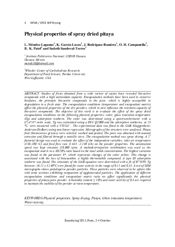 (PDF) Physical properties of spray dried pitaya