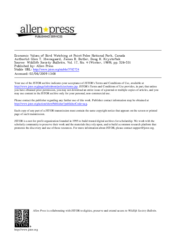PDF) Economic values of bird watching at Point Pelee National Park 