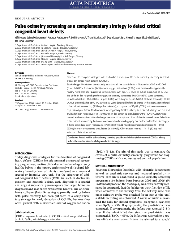 (PDF) Pulse oximetry screening as a complementary strategy to detect