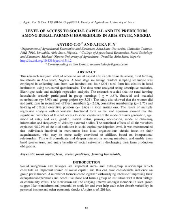 (PDF) LEVEL OF ACCESS TO SOCIAL CAPITAL AND ITS PREDICTORS AMONG RURAL ...
