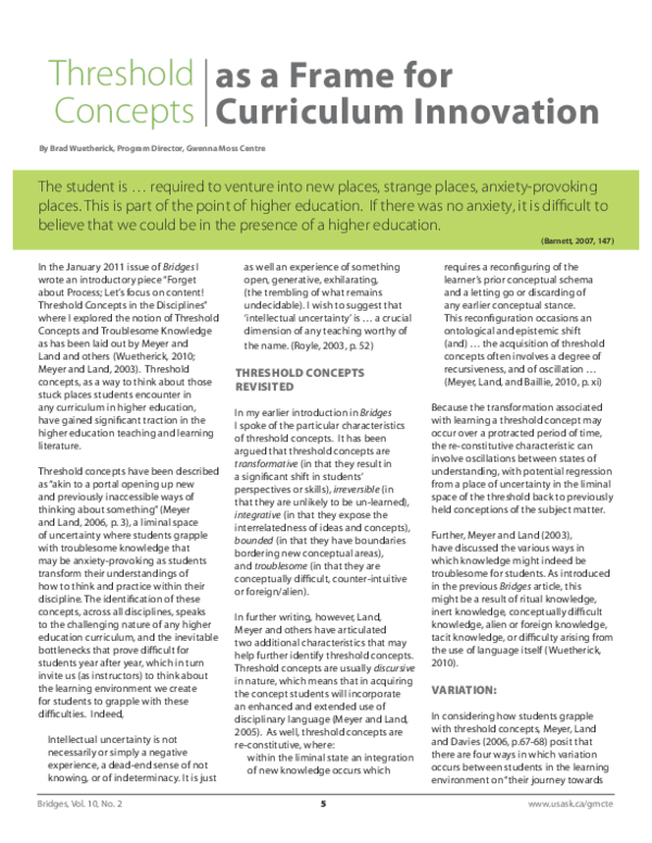 Threshold Concepts as a Frame for Curriculum Innovation