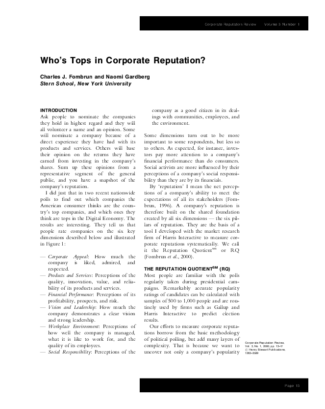 Pdf Who S Tops In Corporate Reputation Naomi Gardberg Academia Edu