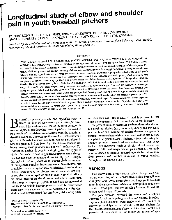 (PDF) Longitudinal study of elbow and shoulder pain in youth baseball