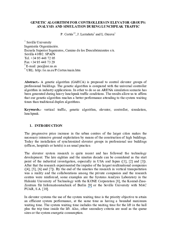 (PDF) Genetic algorithm for controllers in elevator groups: analysis ...