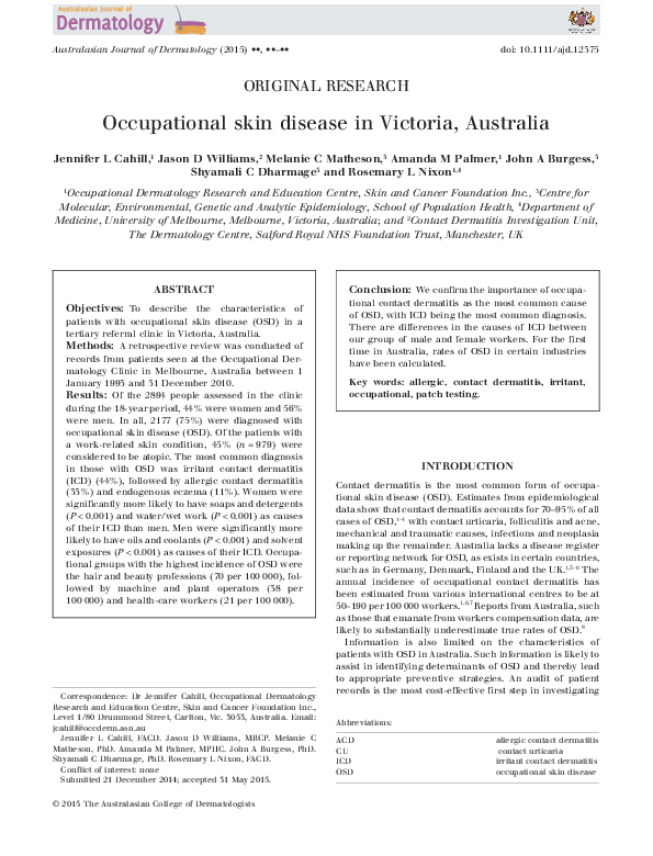 (PDF) Occupational skin disease in Victoria, Australia Rosemary Nixon Academia.edu