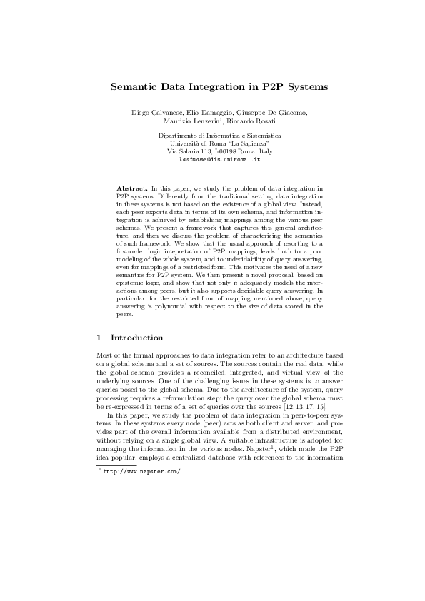 (PDF) Semantic Data Integration In P2P Systems