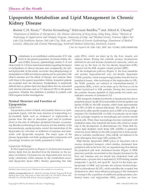 (PDF) Lipoprotein Metabolism and Lipid Management in Chronic Kidney Disease