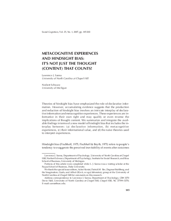 (PDF) Metacognitive Experiences and Hindsight Bias: It's Not Just the ...