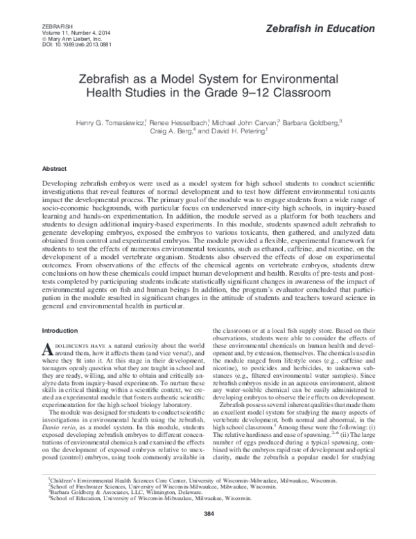 (PDF) Zebrafish as a Model System for Environmental Health Studies in ...