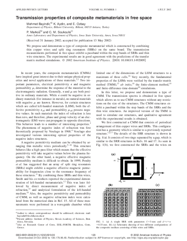 (PDF) Transmission properties of composite metamaterials in free space