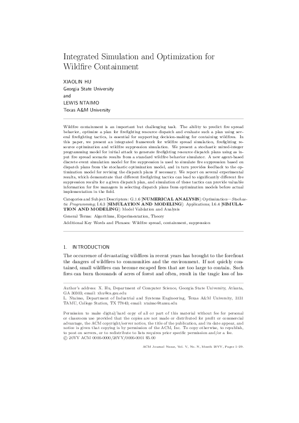 (PDF) Integrated simulation and optimization for wildfire containment