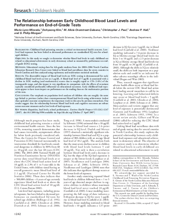 (PDF) The Relationship between Early Childhood Blood Lead Levels and ...