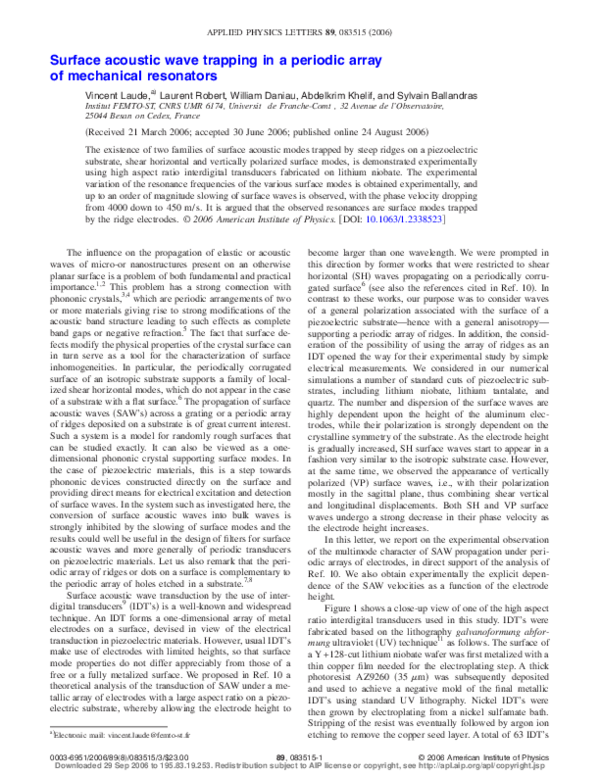 (PDF) Surface acoustic wave trapping in a periodic array of mechanical ...