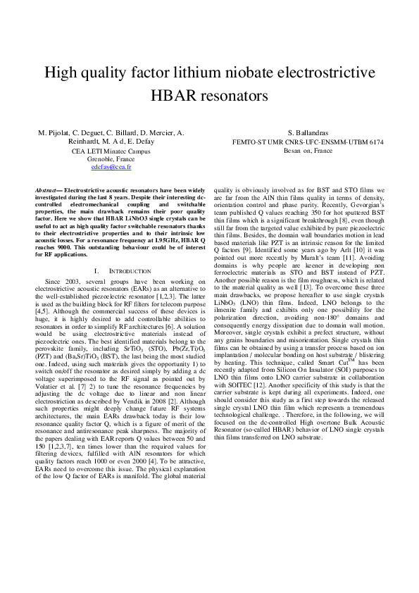 (PDF) High quality factor lithium niobate electrostrictive HBAR resonators