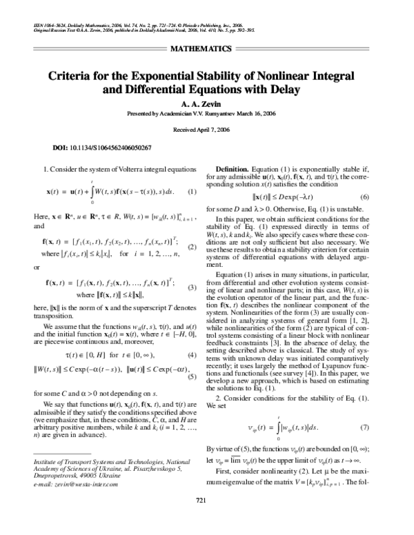 (PDF) Criteria for the exponential stability of nonlinear integral and ...