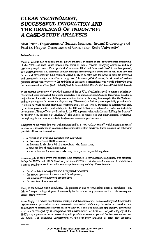 (PDF) Clean technology, successful innovation and the greening of ...