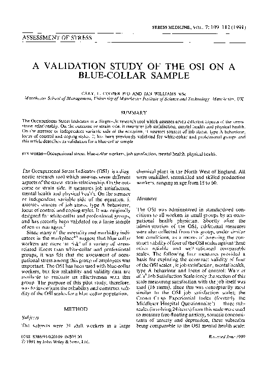 (PDF) A validation study of the OSI on a blue-collar sample | Cary ...