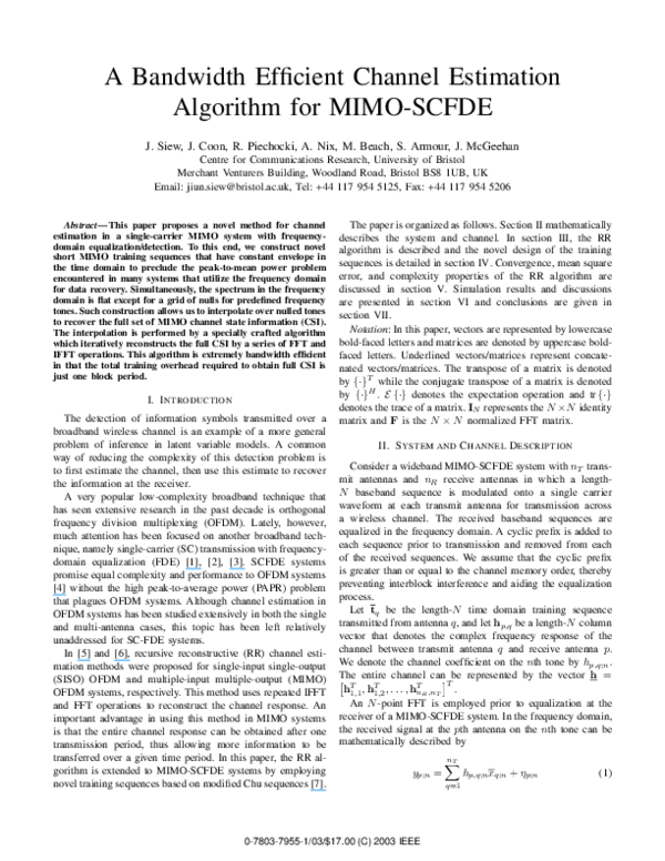 (PDF) A bandwidth efficient channel estimation algorithm for MIMO-SCFDE