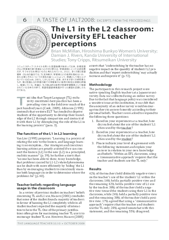 Pdf The L1 In The L2 Classroom University Efl Teacher Perceptions Pdf The L1 In The L2 Classroom University Efl Teacher Perceptions