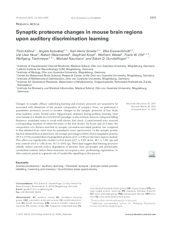(PDF) Synaptic proteome changes in mouse brain regions upon auditory ...