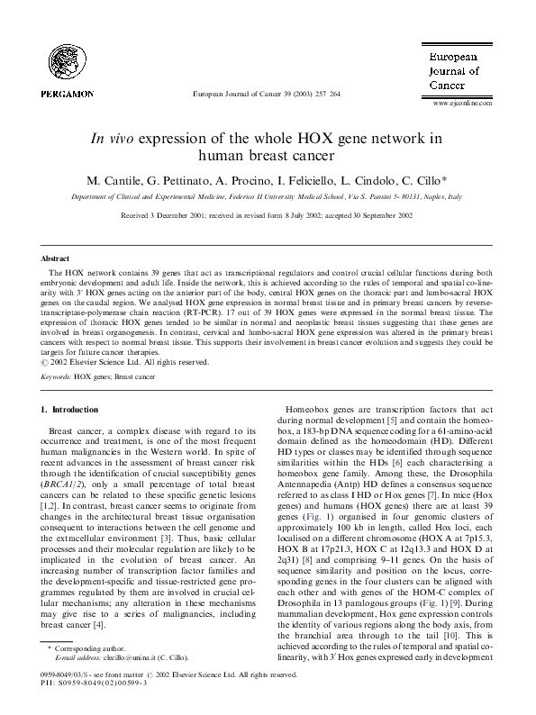(PDF) In vivo expression of the whole HOX gene network in human breast ...