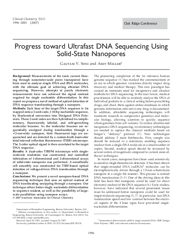 (PDF) Progress toward Ultrafast DNA Sequencing Using Solid-State Nanopores