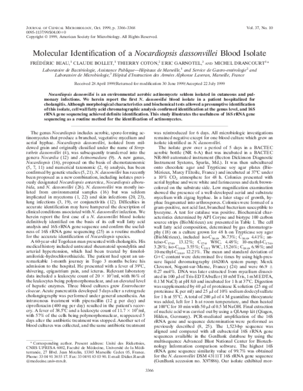 (PDF) Molecular identification of a Nocardiopsis dassonvillei blood isolate