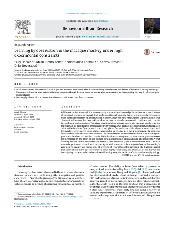 (PDF) Learning by observation in the macaque monkey under high ...