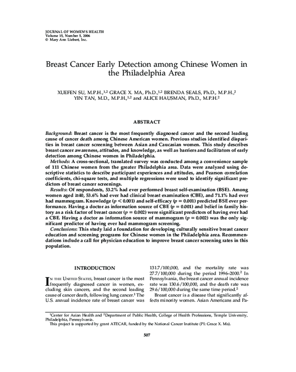 (PDF) Breast Cancer Early Detection among Chinese Women in the ...