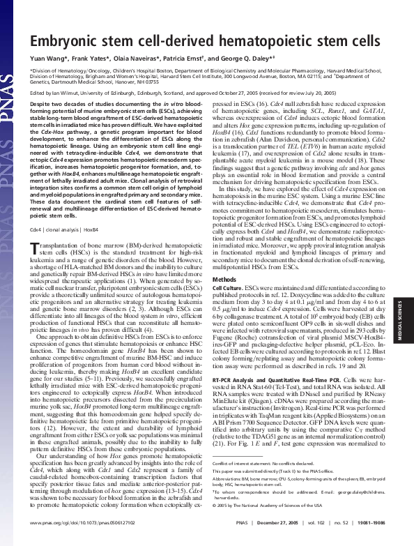 (PDF) Embryonic stem cell-derived hematopoietic stem cells